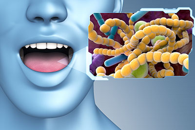 The image features a 3D rendering of a human face with an open mouth, set against a background that includes a microscopic view of bacteria.